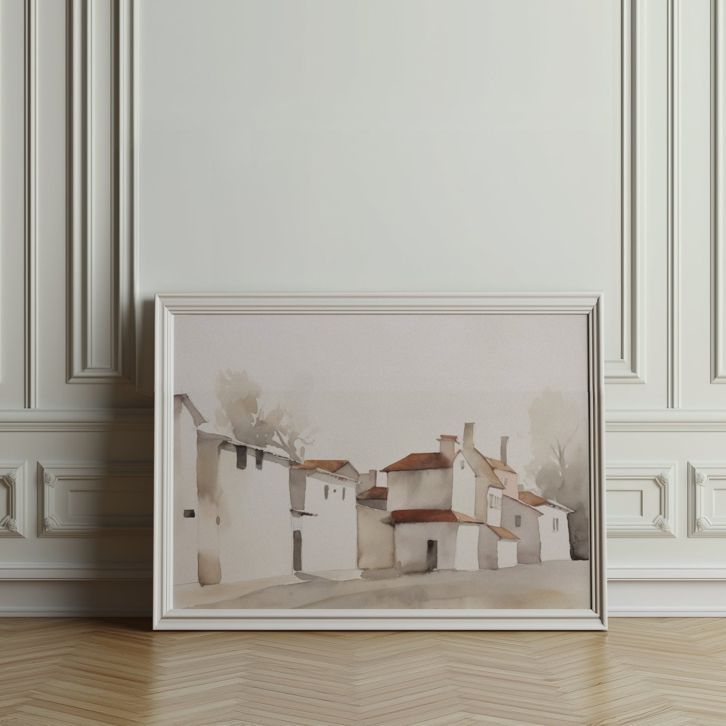 Premium Poster of Serene Village Landscape in Watercolor Style Posters