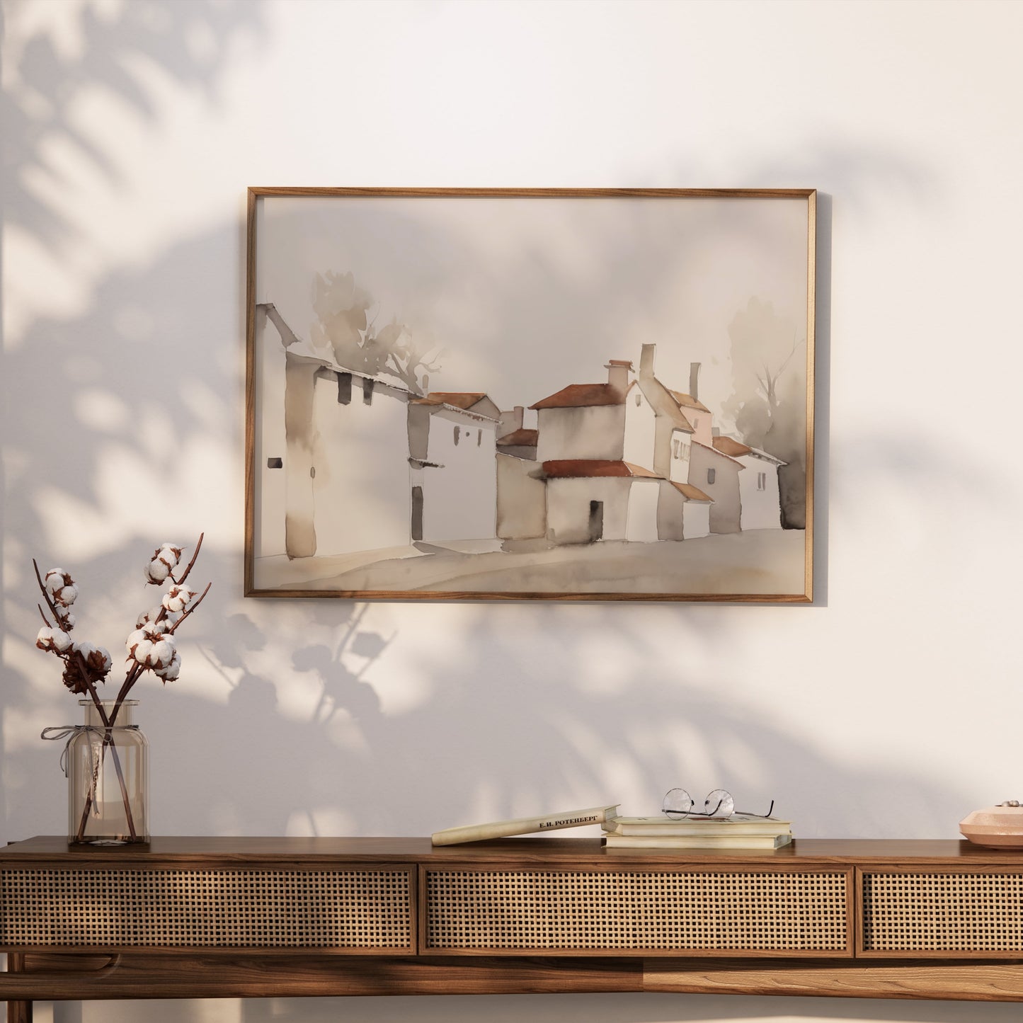 Premium Poster of Serene Village Landscape in Watercolor Style Posters