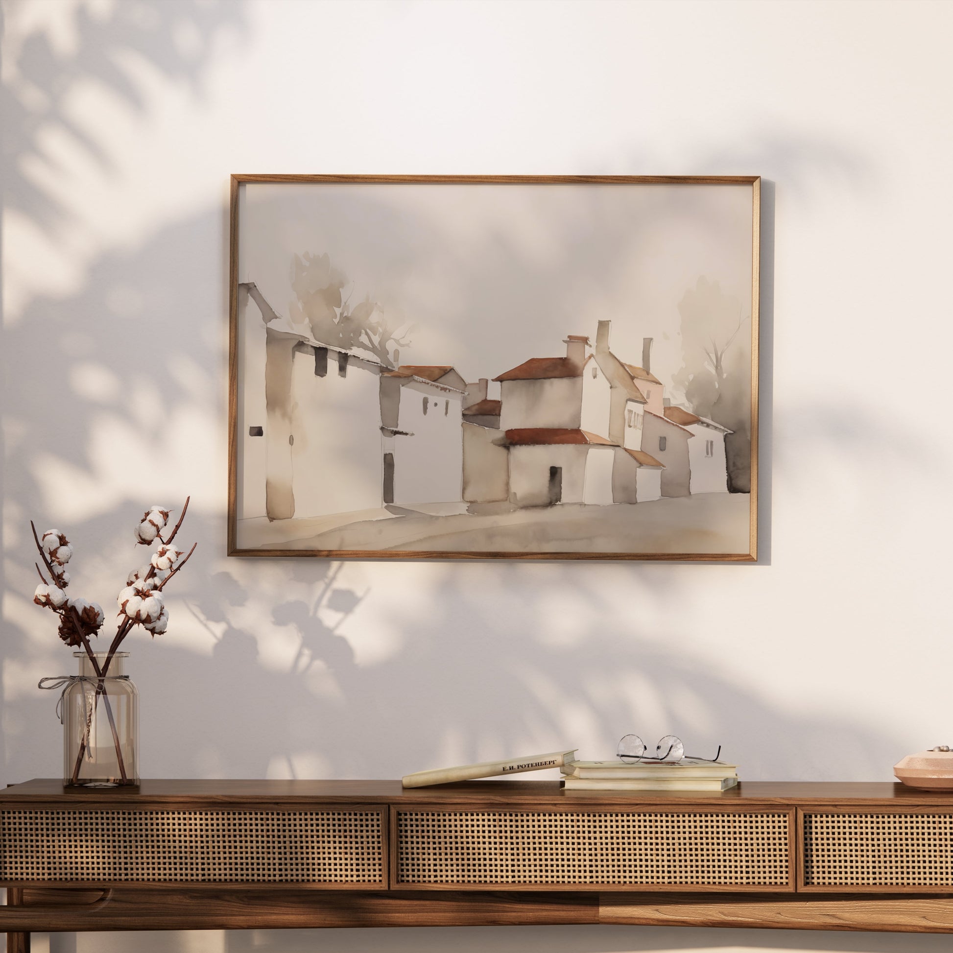 Premium Poster of Serene Village Landscape in Watercolor Style Posters