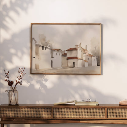 Premium Poster of Serene Village Landscape in Watercolor Style Posters