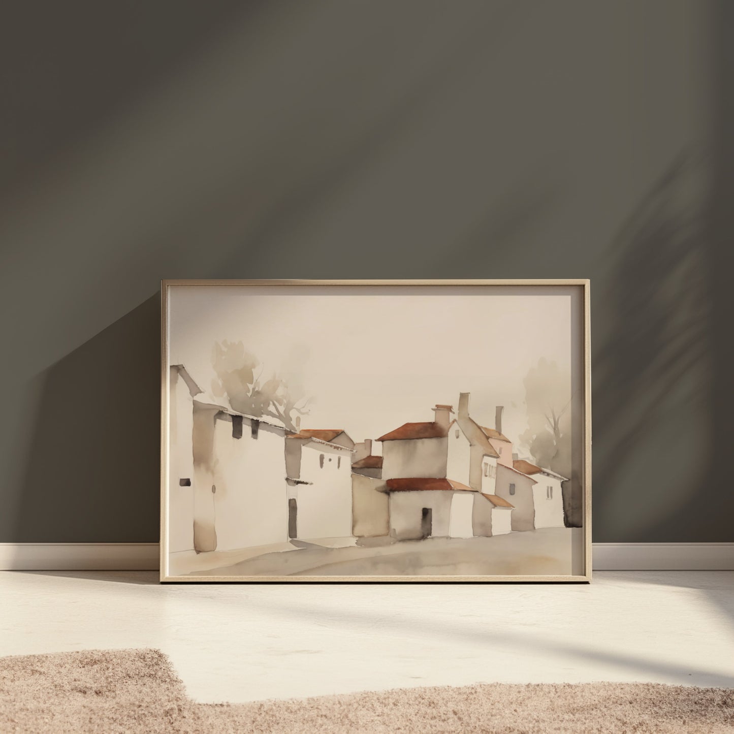 Premium Poster of Serene Village Landscape in Watercolor Style Posters