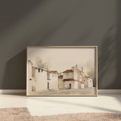 Premium Poster of Serene Village Landscape in Watercolor Style Posters