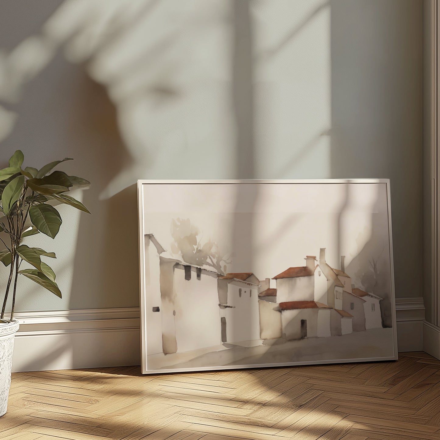 Premium Poster of Serene Village Landscape in Watercolor Style Posters