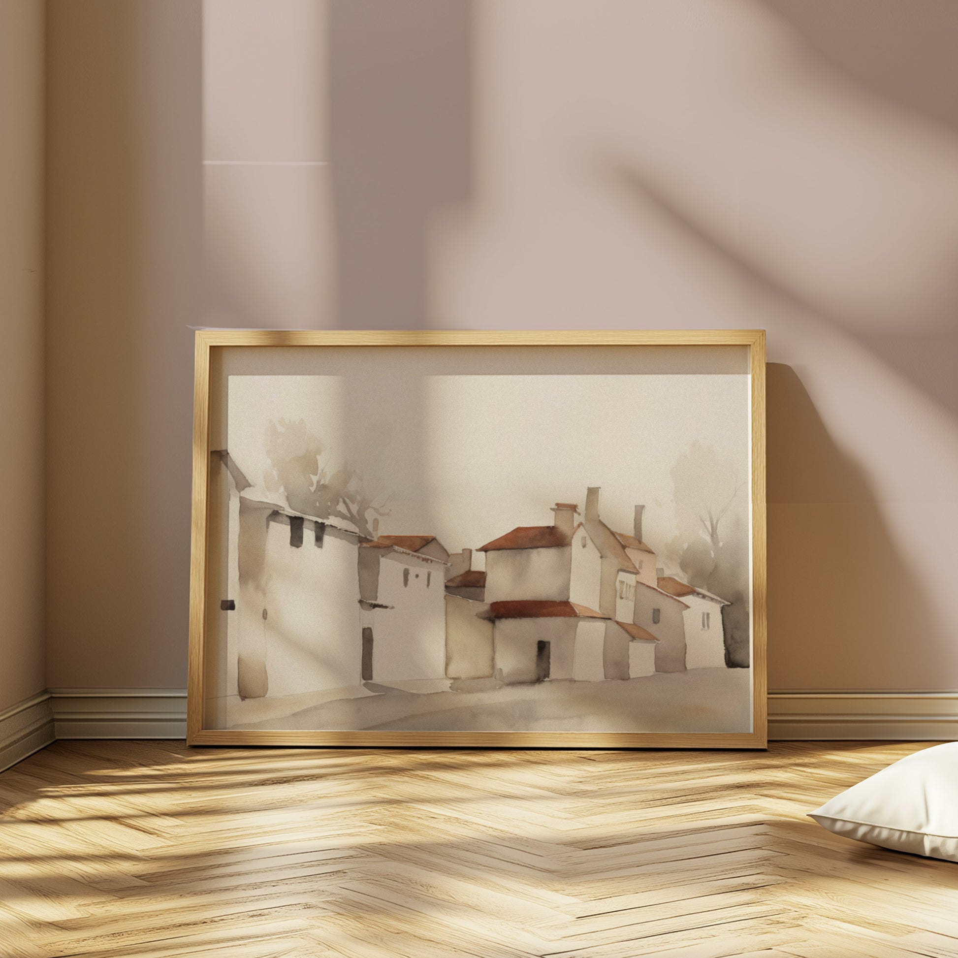 Premium Poster of Serene Village Landscape in Watercolor Style Posters