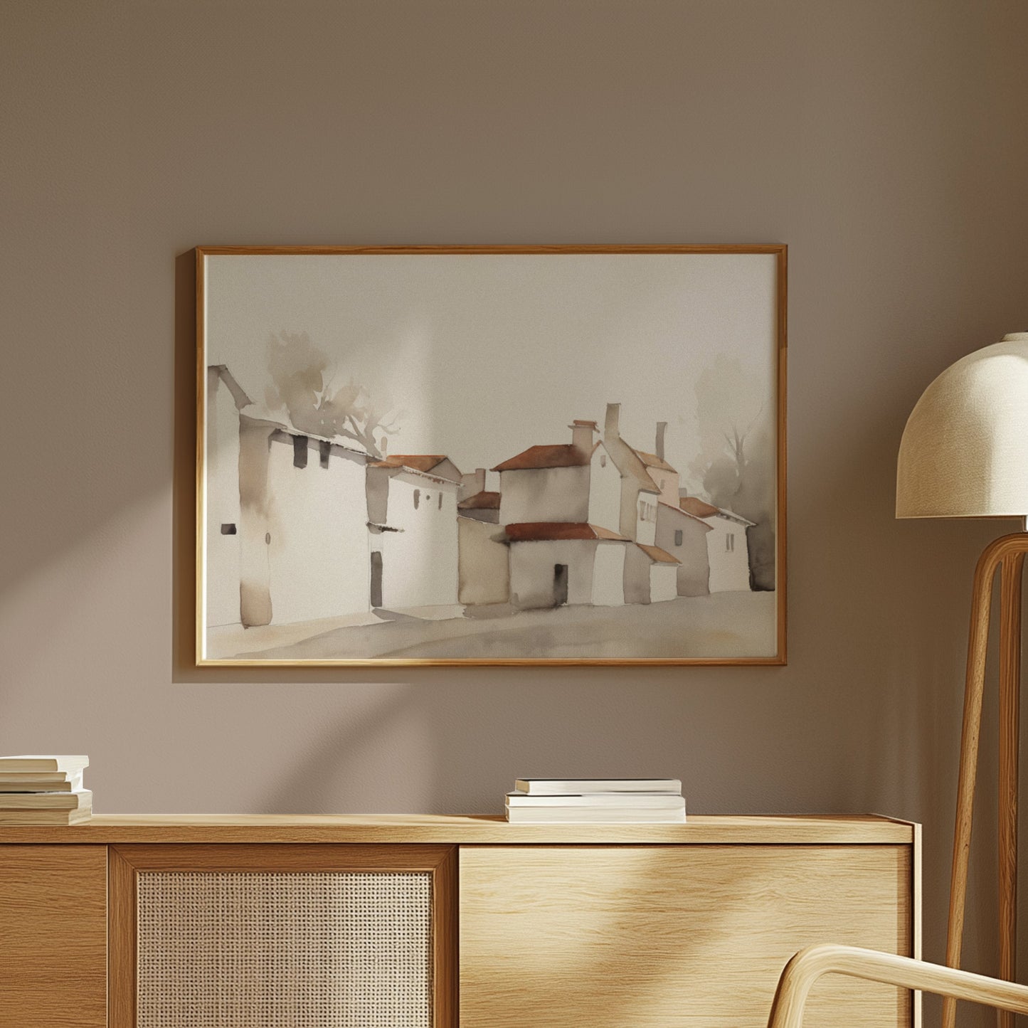 Premium Poster of Serene Village Landscape in Watercolor Style Posters