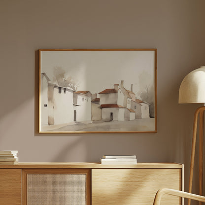 Premium Poster of Serene Village Landscape in Watercolor Style Posters