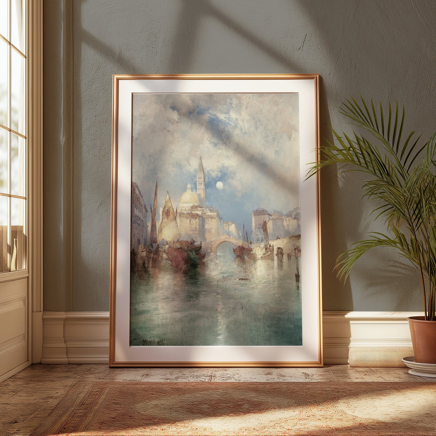 Premium Poster of Serene Watercolor Cityscape with Boats Posters