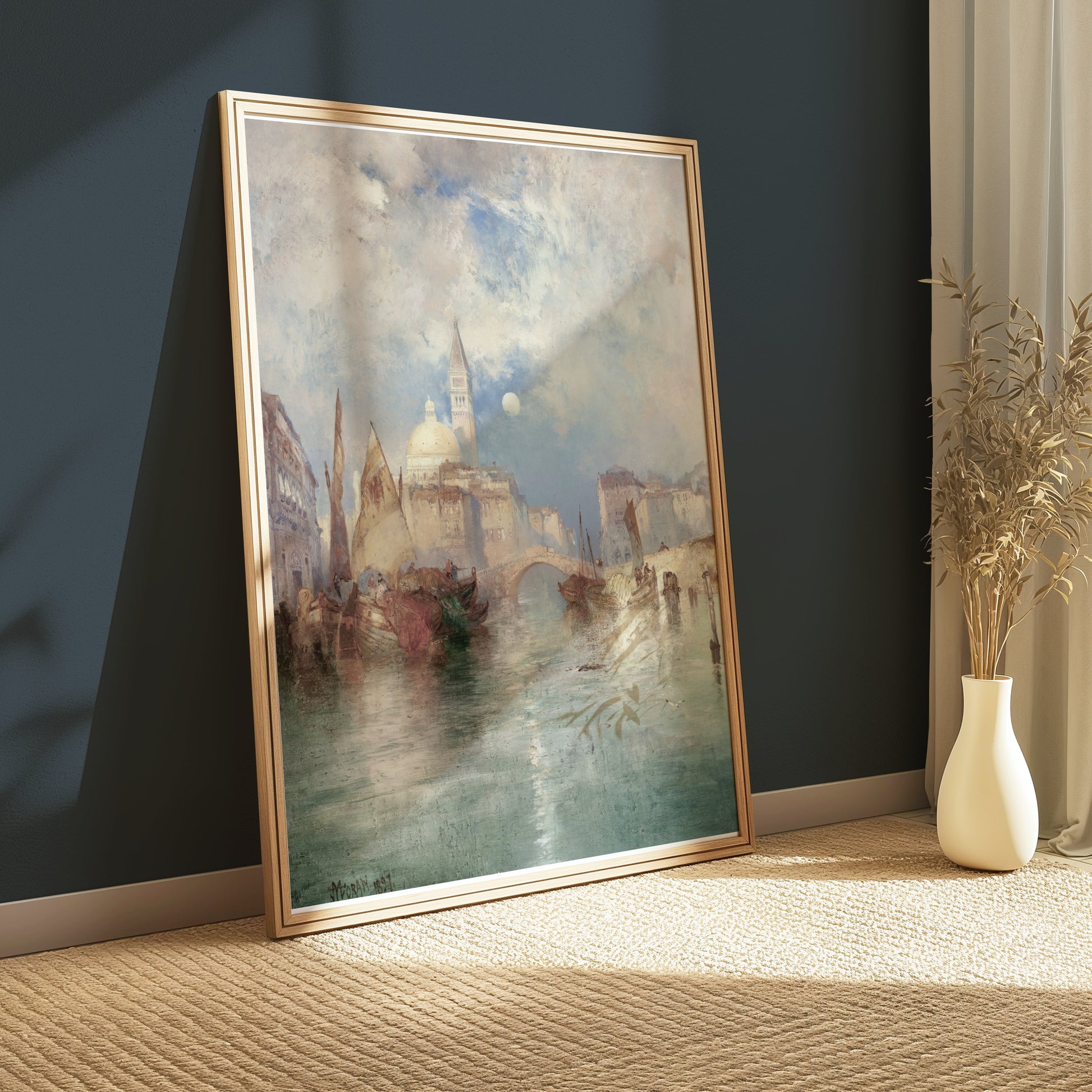 Premium Poster of Serene Watercolor Cityscape with Boats Posters