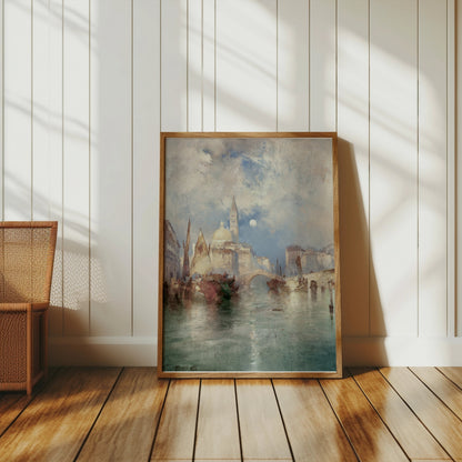 Premium Poster of Serene Watercolor Cityscape with Boats Posters