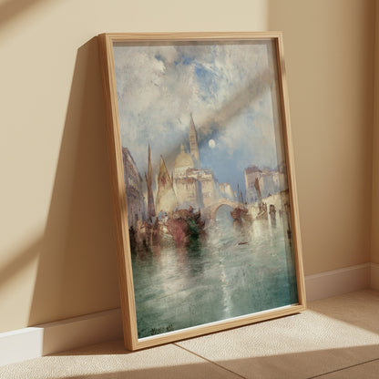 Premium Poster of Serene Watercolor Cityscape with Boats Posters