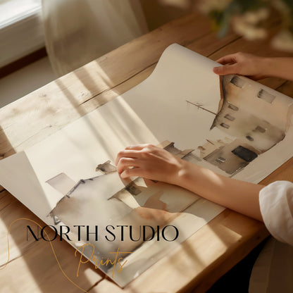Premium Poster of Serene Watercolor Houses Landscape Pastel Color Posters