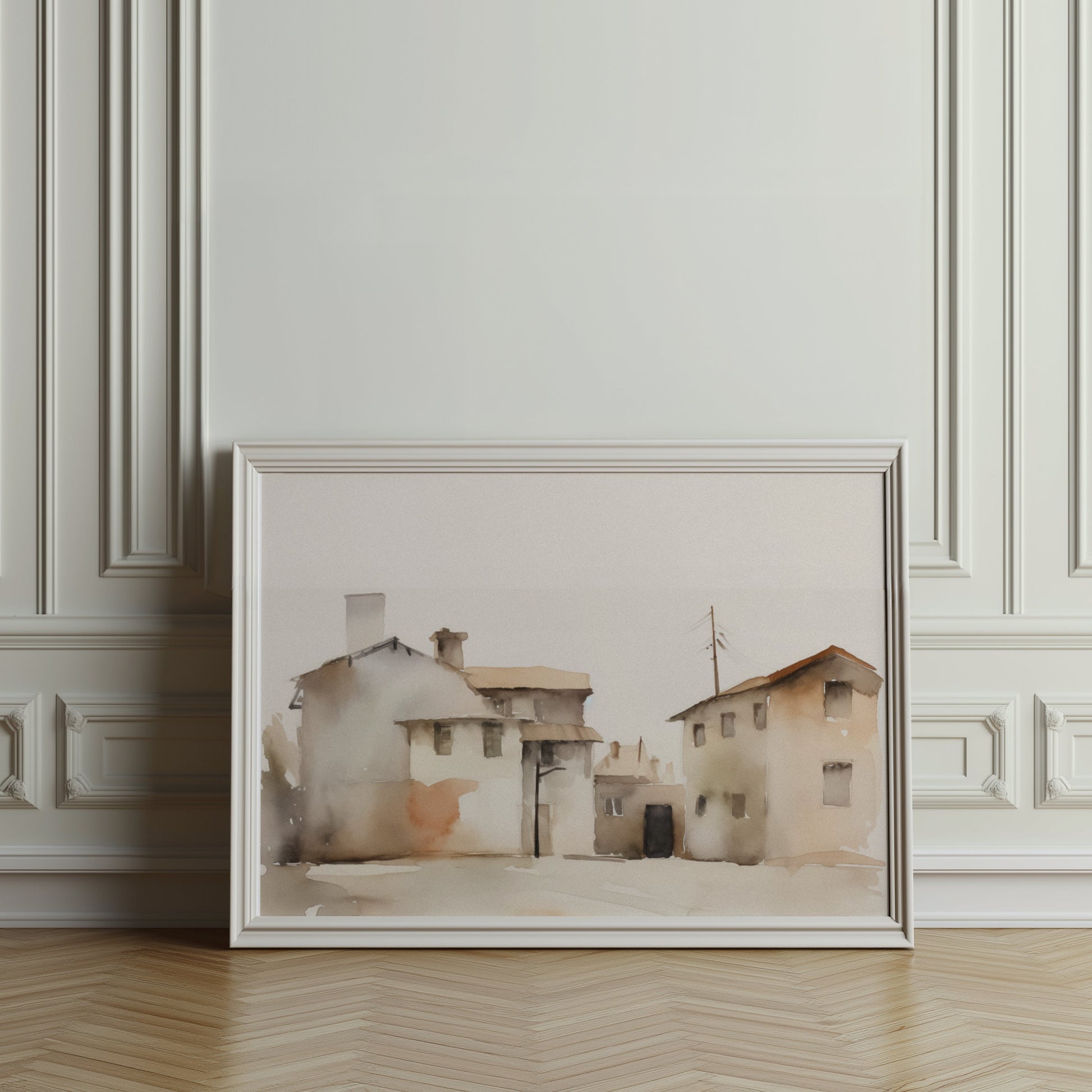 Premium Poster of Serene Watercolor Houses Landscape Pastel Color Posters