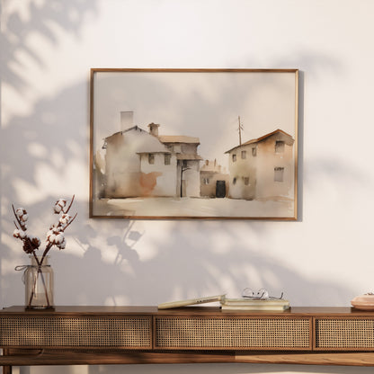 Premium Poster of Serene Watercolor Houses Landscape Pastel Color Posters