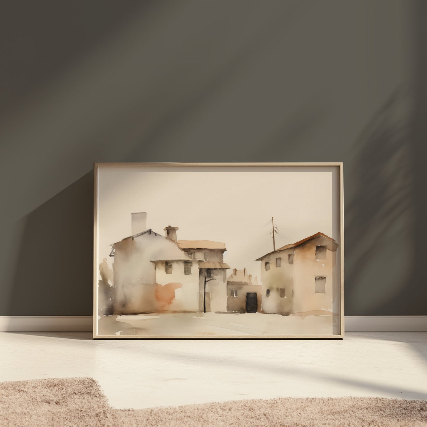 Premium Poster of Serene Watercolor Houses Landscape Pastel Color Posters