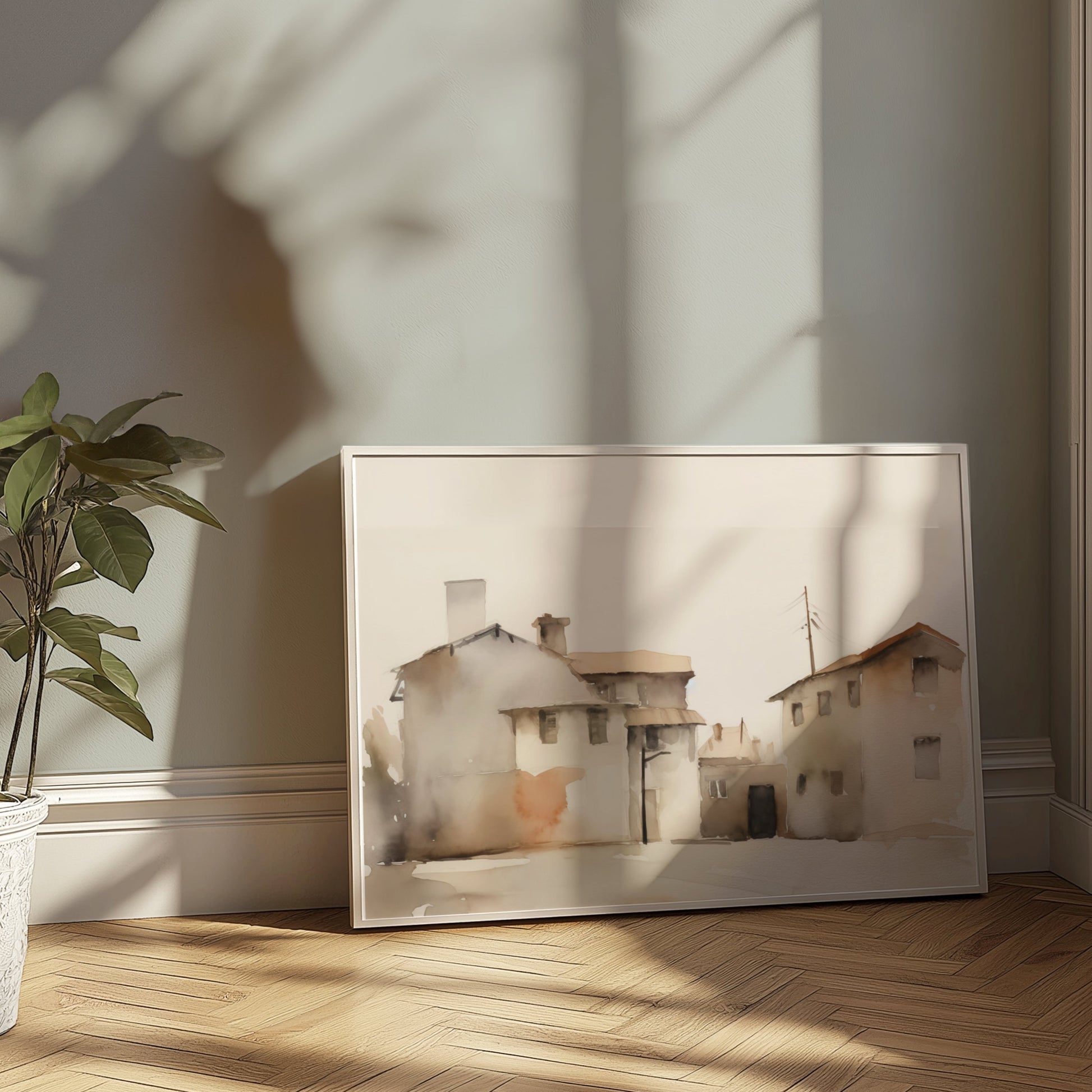 Premium Poster of Serene Watercolor Houses Landscape Pastel Color Posters
