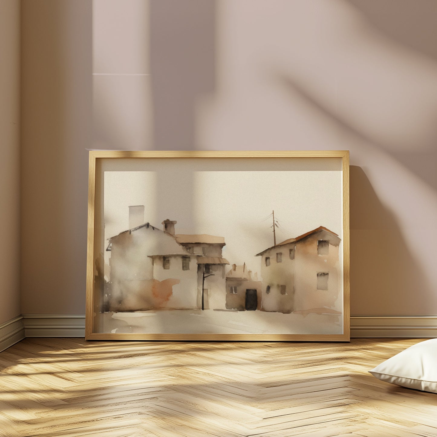 Premium Poster of Serene Watercolor Houses Landscape Pastel Color Posters