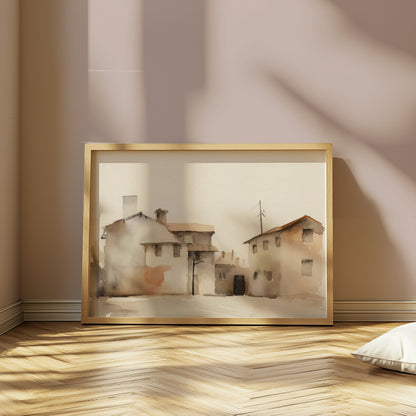 Premium Poster of Serene Watercolor Houses Landscape Pastel Color Posters