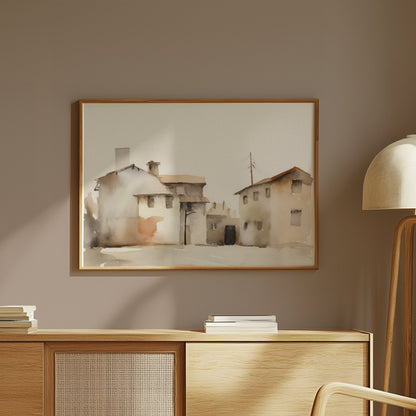 Premium Poster of Serene Watercolor Houses Landscape Pastel Color Posters