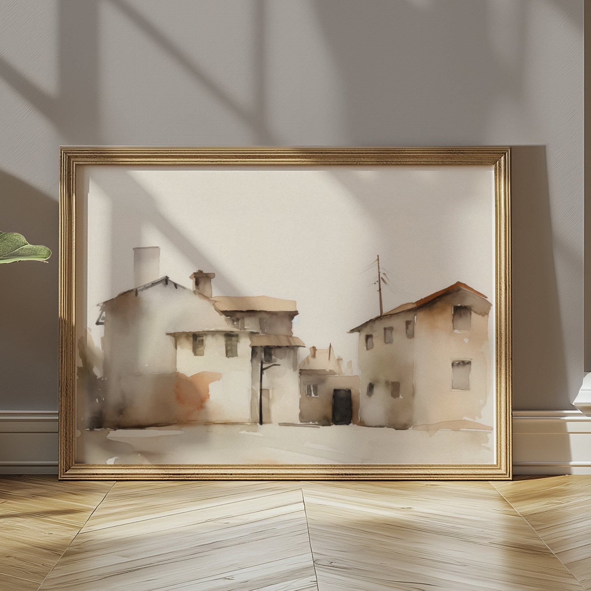 Premium Poster of Serene Watercolor Houses Landscape Pastel Color Posters