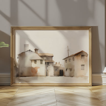 Premium Poster of Serene Watercolor Houses Landscape Pastel Color Posters