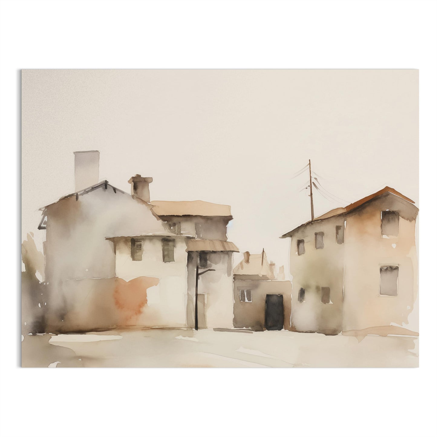 Premium Poster of Serene Watercolor Houses Landscape Pastel Color Posters