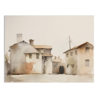 Premium Poster of Serene Watercolor Houses Landscape Pastel Color Posters