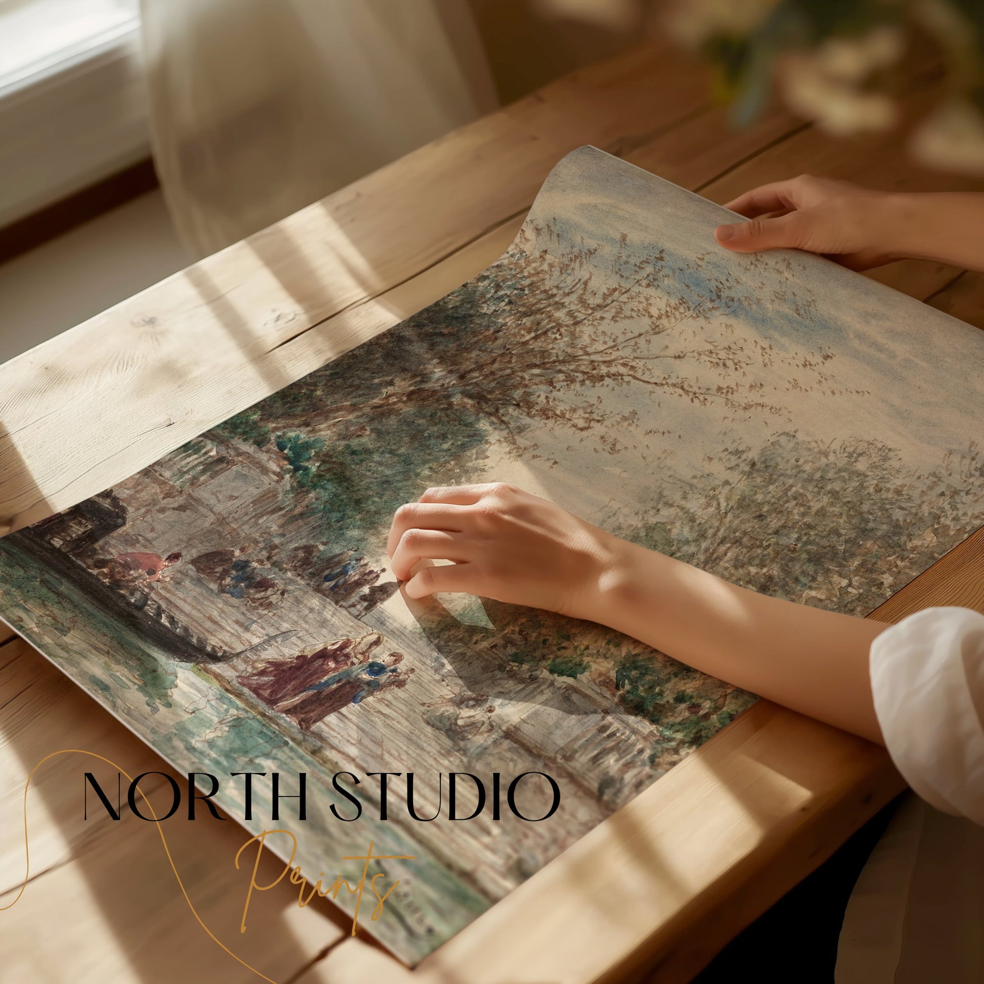 Premium Poster of Serene Waterfront Scene with Gondola and Lush Trees Posters
