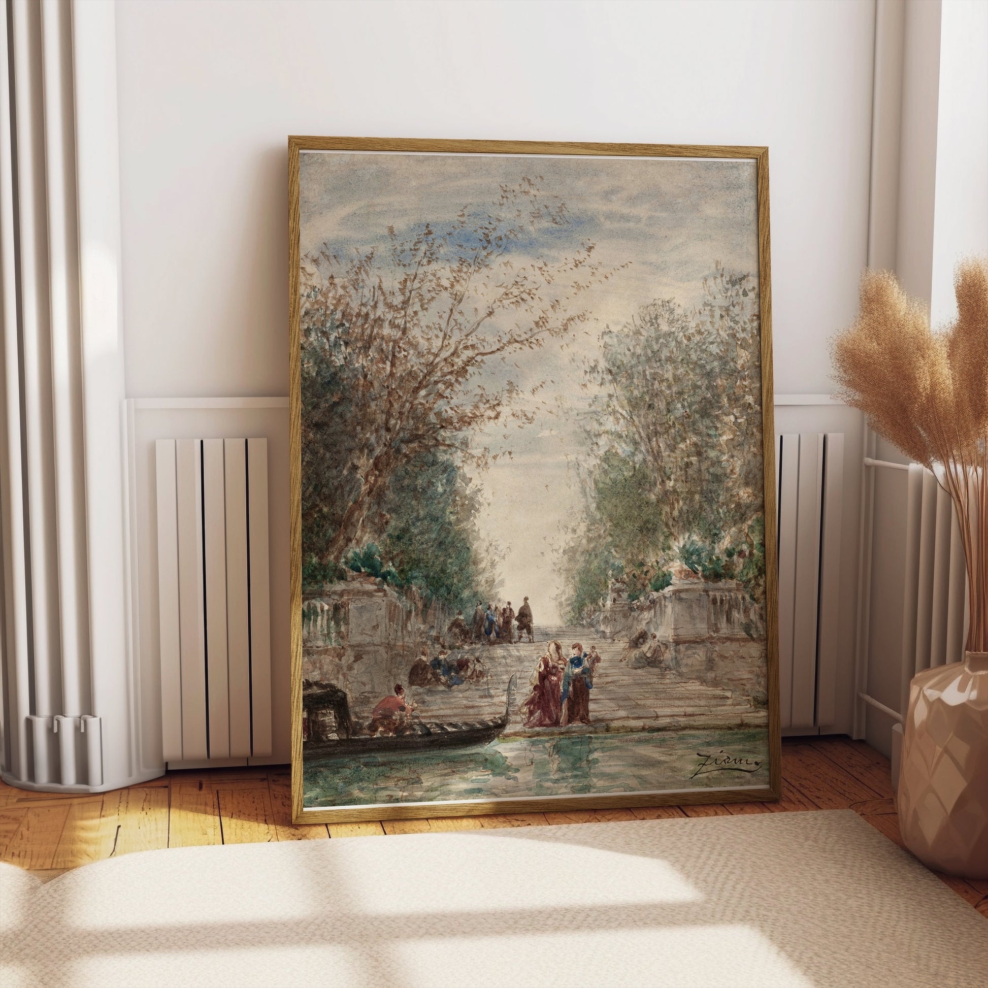 Premium Poster of Serene Waterfront Scene with Gondola and Lush Trees Posters