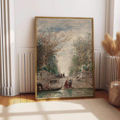 Premium Poster of Serene Waterfront Scene with Gondola and Lush Trees Posters