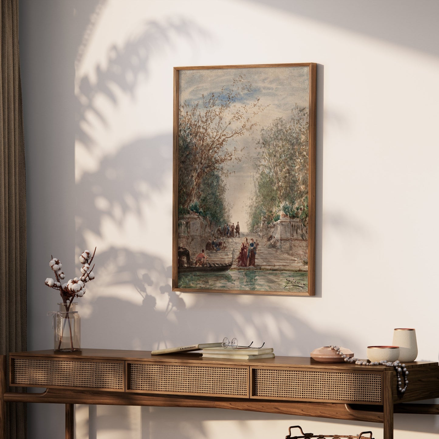 Premium Poster of Serene Waterfront Scene with Gondola and Lush Trees Posters