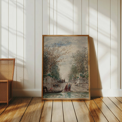 Premium Poster of Serene Waterfront Scene with Gondola and Lush Trees Posters
