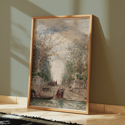 Premium Poster of Serene Waterfront Scene with Gondola and Lush Trees Posters