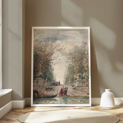 Premium Poster of Serene Waterfront Scene with Gondola and Lush Trees Posters