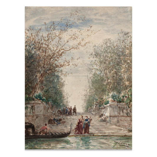 Premium Poster of Serene Waterfront Scene with Gondola and Lush Trees Posters