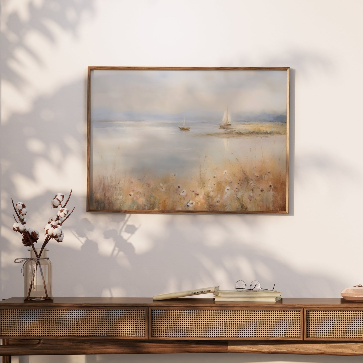 Premium Poster of Serene Waterside Artwork with Boats and Flowers Posters