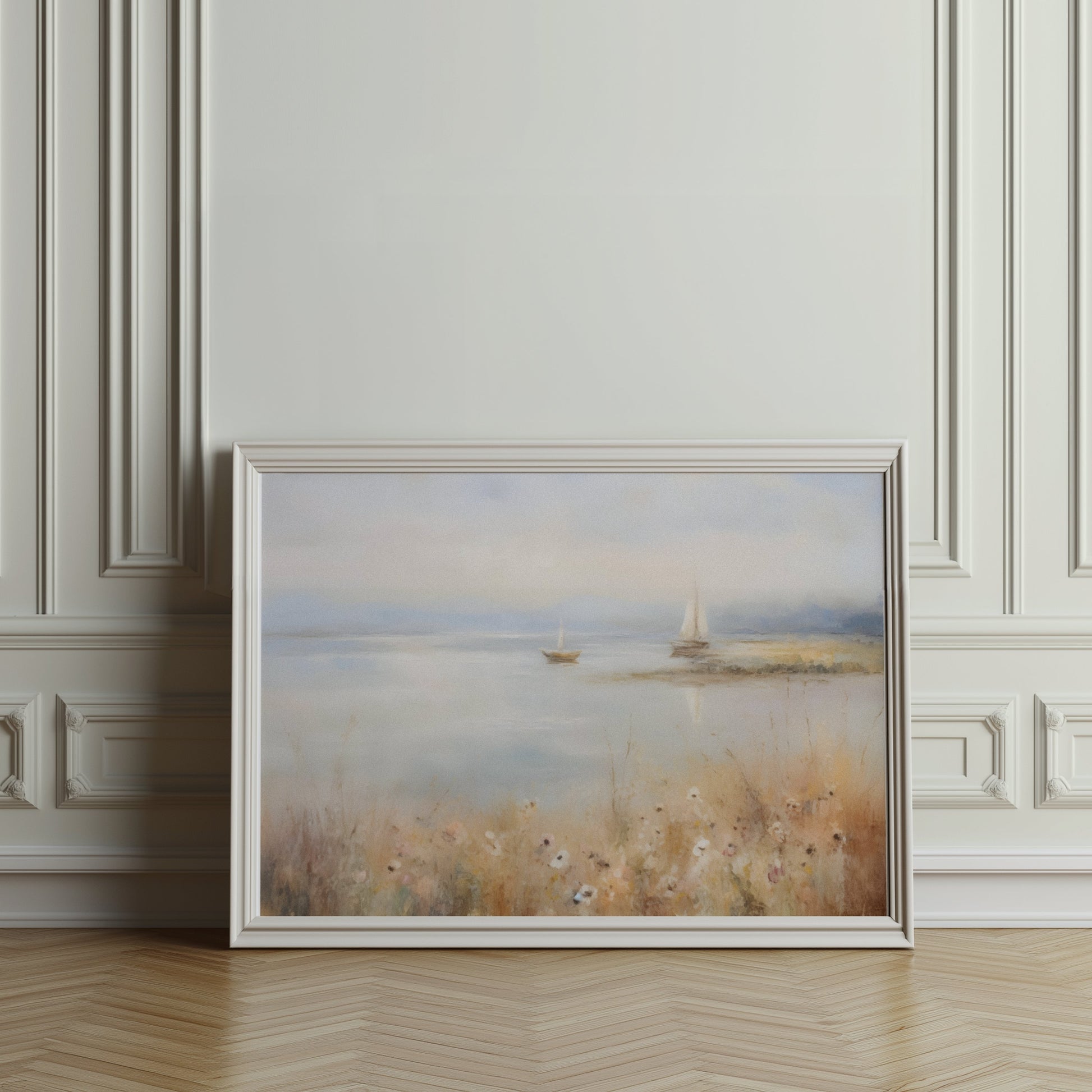 Premium Poster of Serene Waterside Artwork with Boats and Flowers Posters