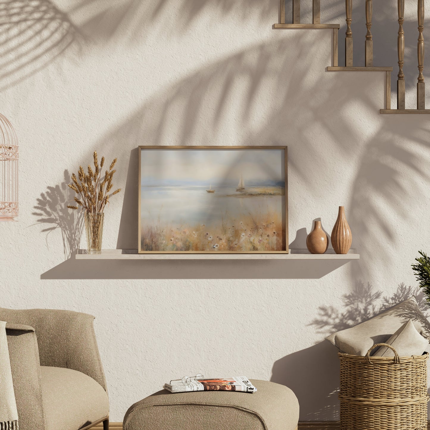 Premium Poster of Serene Waterside Artwork with Boats and Flowers Posters