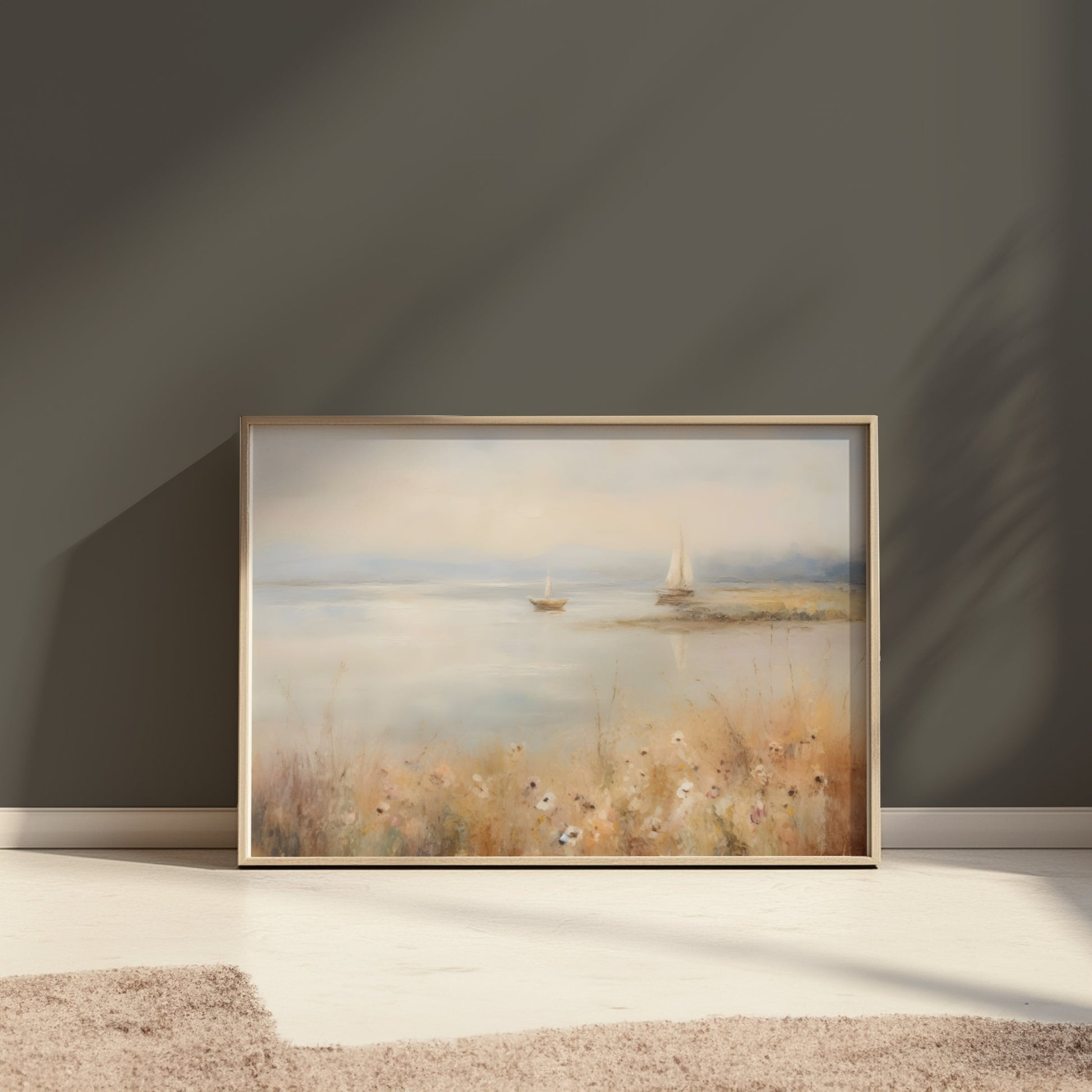 Premium Poster of Serene Waterside Artwork with Boats and Flowers Posters