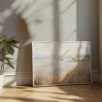 Premium Poster of Serene Waterside Artwork with Boats and Flowers Posters