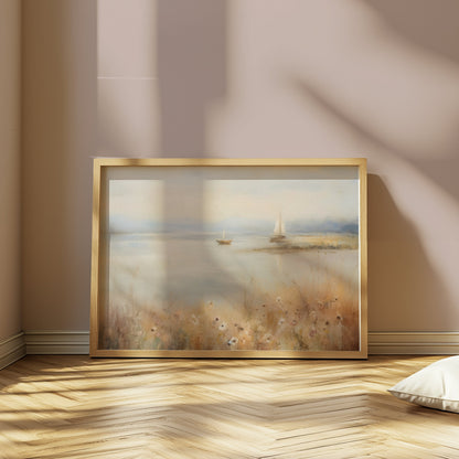 Premium Poster of Serene Waterside Artwork with Boats and Flowers Posters