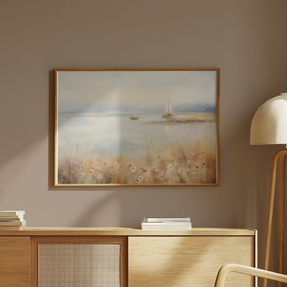 Premium Poster of Serene Waterside Artwork with Boats and Flowers Posters