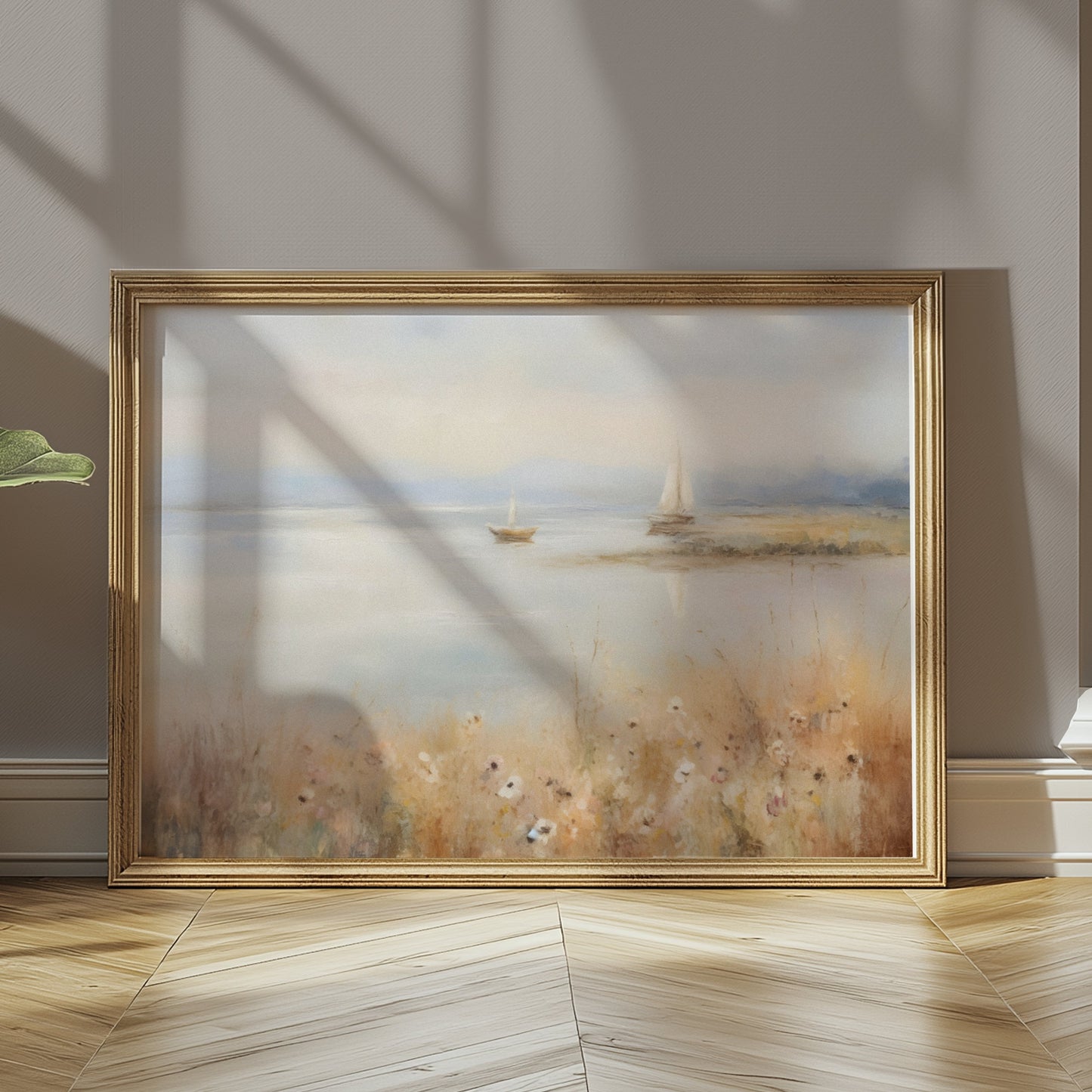 Premium Poster of Serene Waterside Artwork with Boats and Flowers Posters
