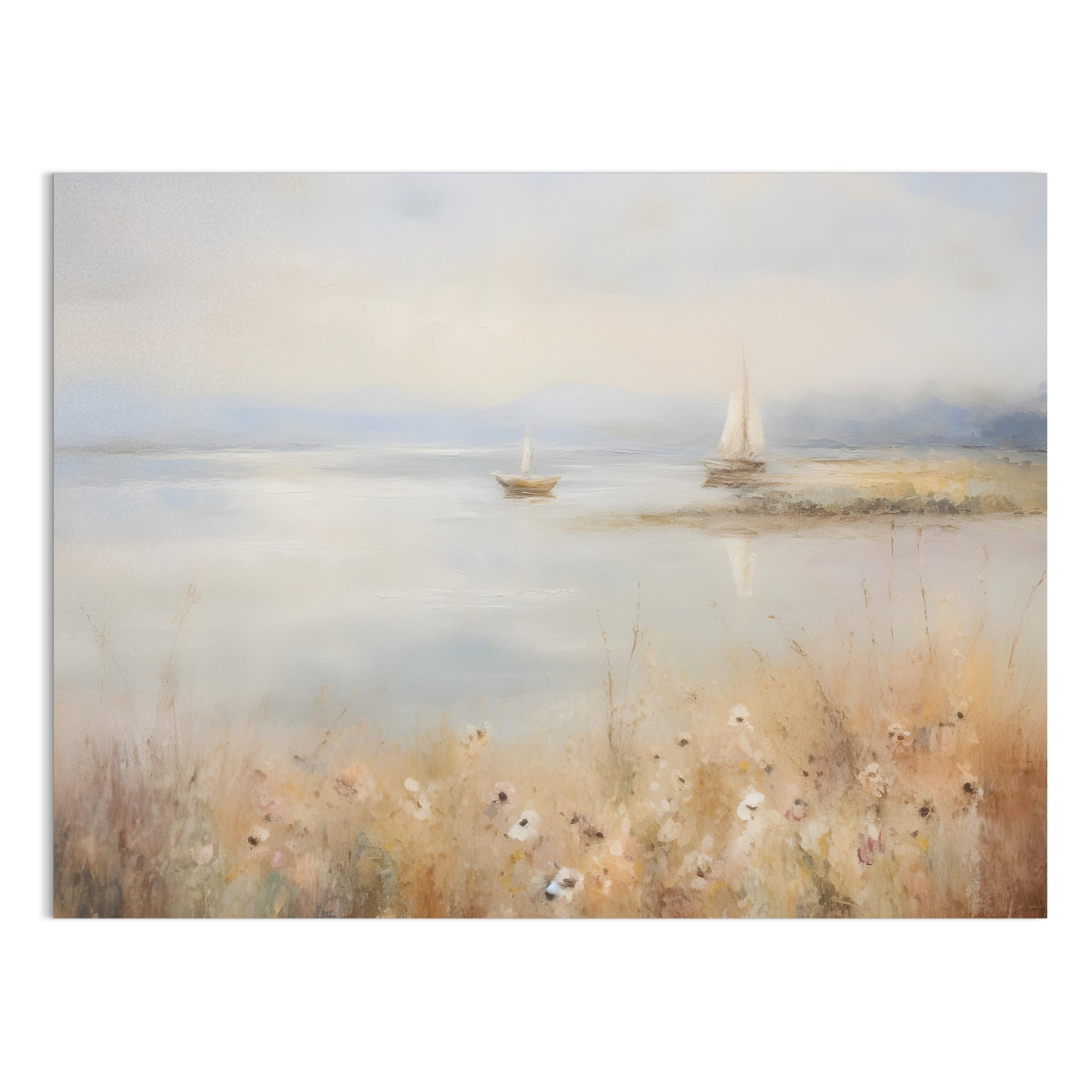 Premium Poster of Serene Waterside Artwork with Boats and Flowers Posters