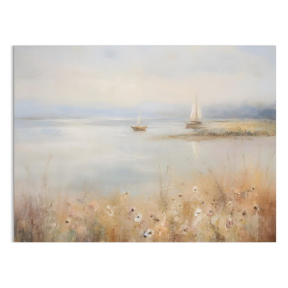 Premium Poster of Serene Waterside Artwork with Boats and Flowers Posters