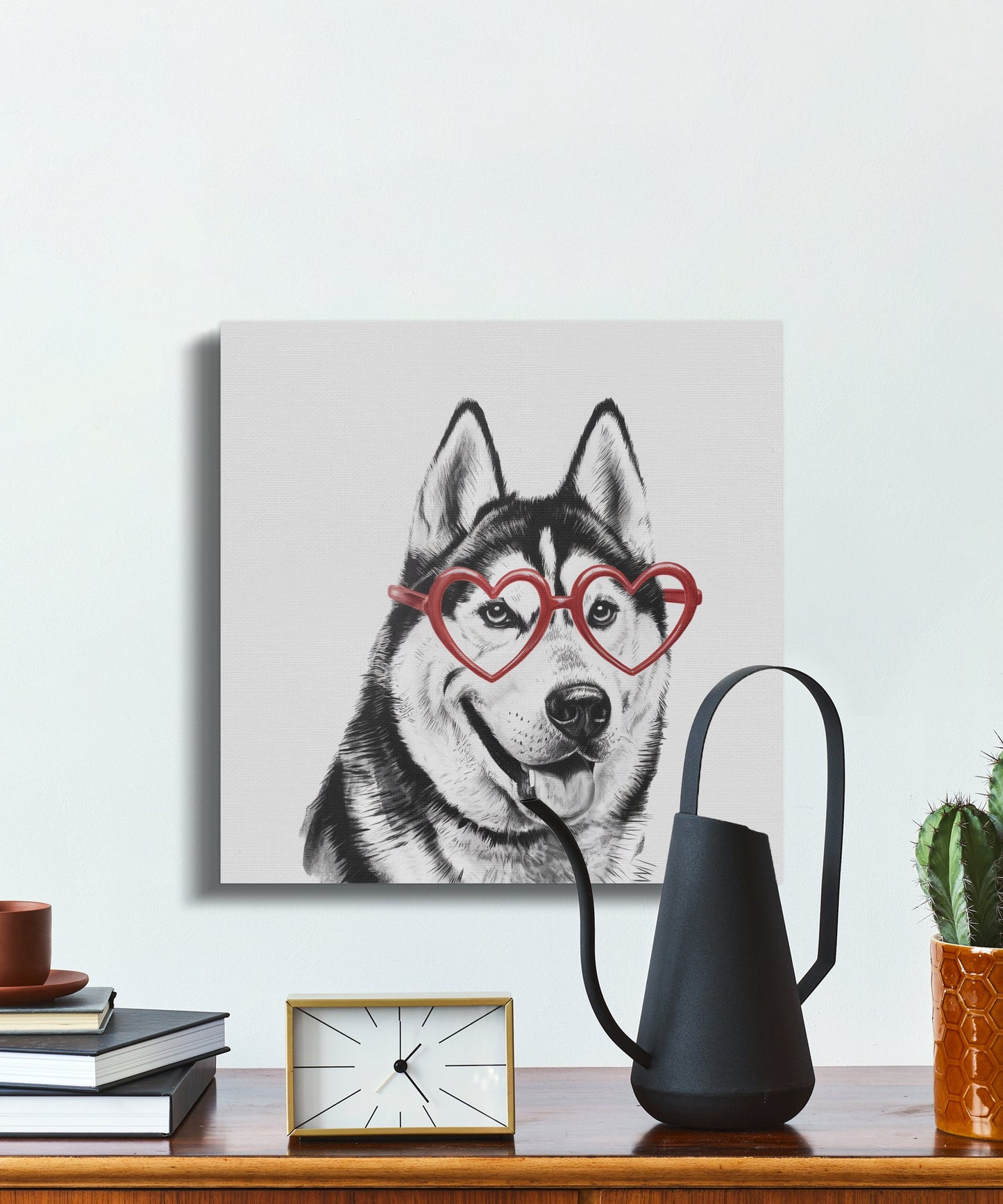 Premium Poster of Siberian Husky Sketch with Heart Glasses Canvas Wraps