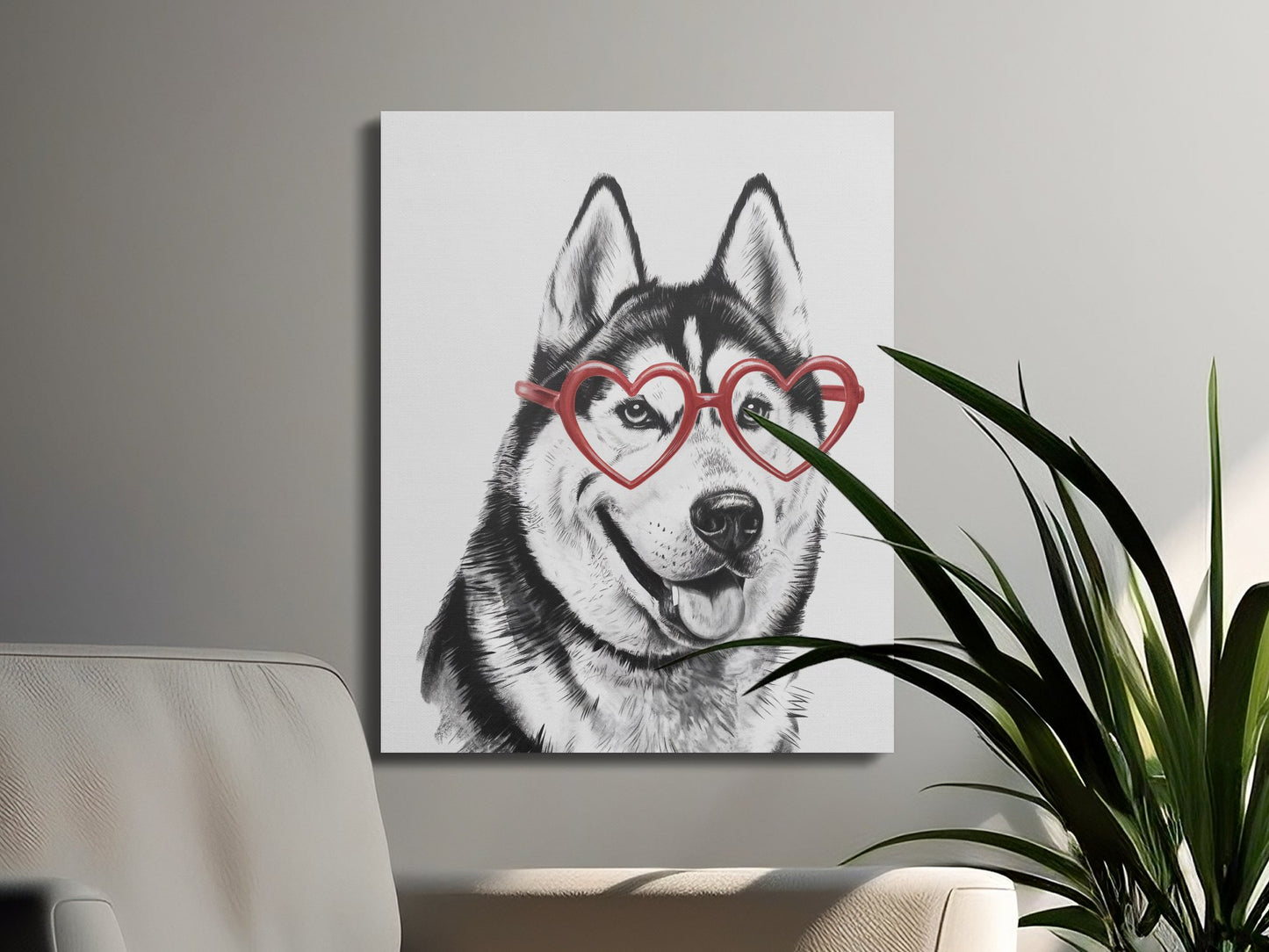 Premium Poster of Siberian Husky Sketch with Heart Glasses Canvas Wraps