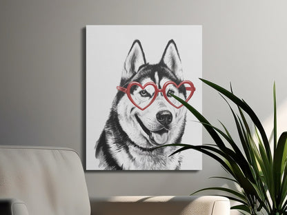 Premium Poster of Siberian Husky Sketch with Heart Glasses Canvas Wraps