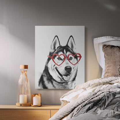 Premium Poster of Siberian Husky Sketch with Heart Glasses Canvas Wraps