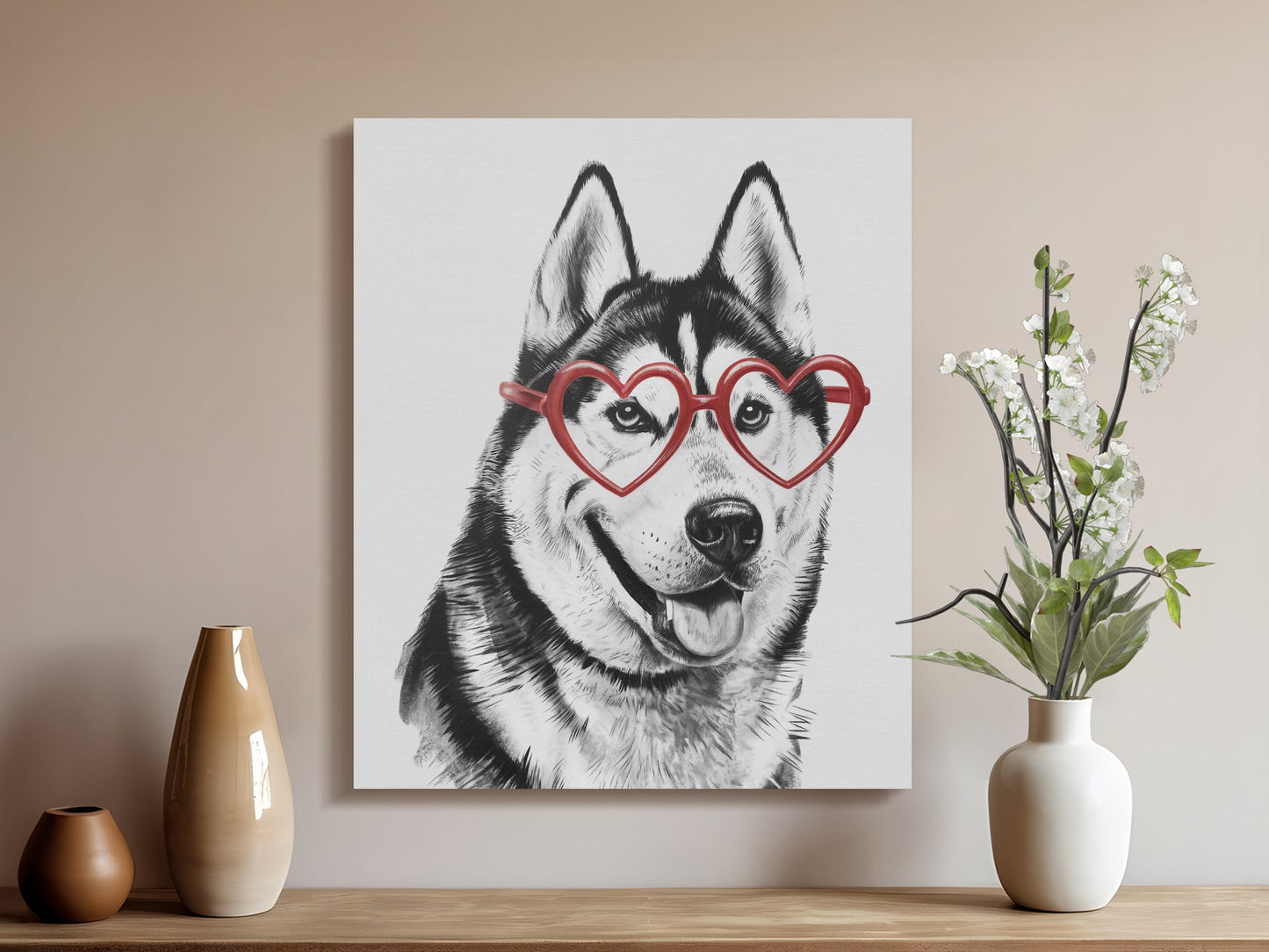 Premium Poster of Siberian Husky Sketch with Heart Glasses Canvas Wraps