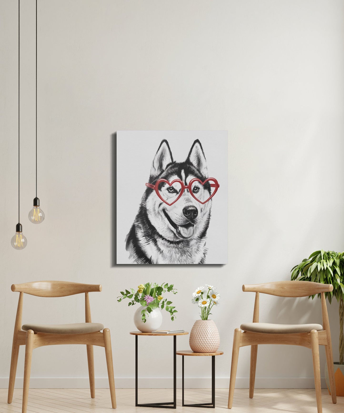 Premium Poster of Siberian Husky Sketch with Heart Glasses Canvas Wraps